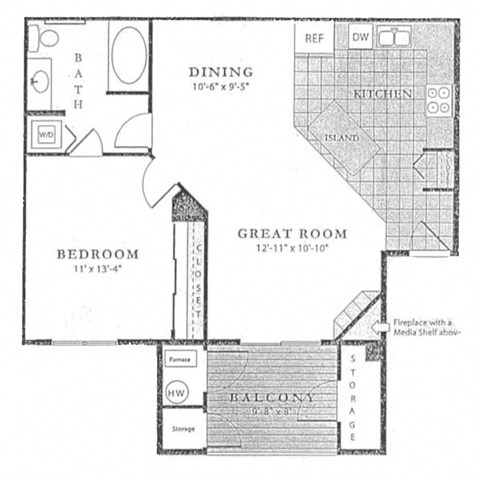 The Belle Meade Floor Plan; A one bedroom, one bathroom apartment floor plan at Fox Run Lofts in Englewood, Colorado